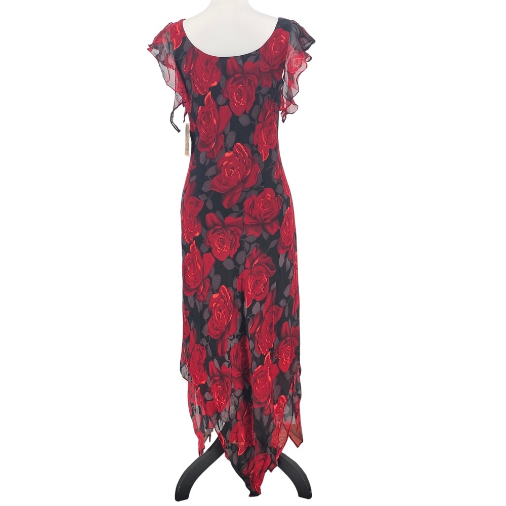 Vintage Lapis Silk Bias Rose Maxi Dress L Black Red Hanky Hem Whimsigoth Y2K NWT - Picture 4 of 16